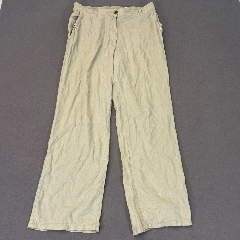 H&M Linen Blend Straight Retro Trouser Pants Women's Sz 12 Green Grey Beach Wide